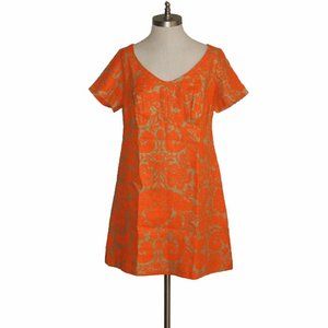 Vtg 60s Handmade Orange Tan Cotton Linen Dress M